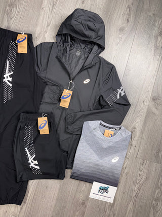 ASICS 4 Piece Icon Windrunner Black, Smoke Grey Tracksuit | Shorts Set