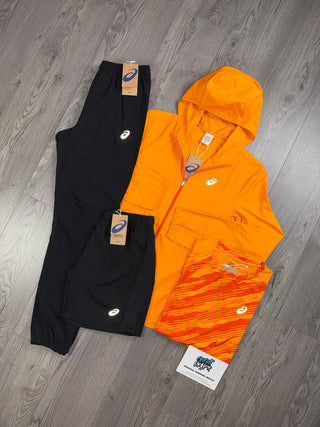 ASICS 4 Piece Windrunner Bright Orange, Black Tracksuit | Shorts Set