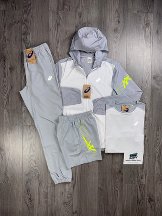 ASICS 4 Piece Icon Windrunner White, Smoke Grey, Neon Tracksuit | Shorts Set