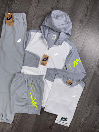 ASICS 4 Piece Icon Windrunner White, Smoke Grey, Neon Tracksuit | Shorts Set