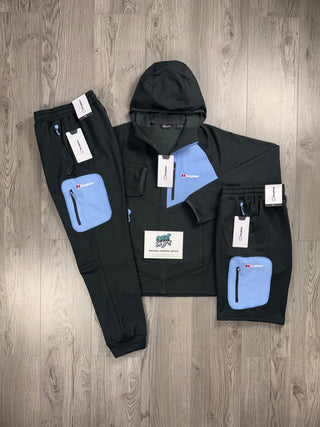 Berghaus 3 Piece Full Zip Black, Baby Blue Tracksuit | Shorts Set