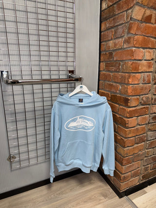 Corteiz Alcatraz White Logo, Baby Blue Hoodie