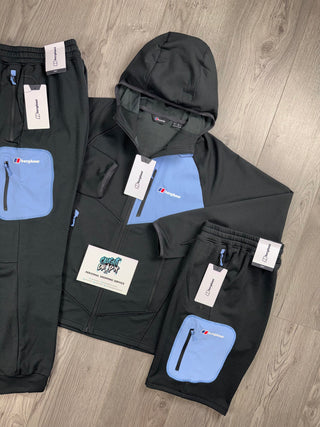 Berghaus 3 Piece Full Zip Black, Baby Blue Tracksuit | Shorts Set